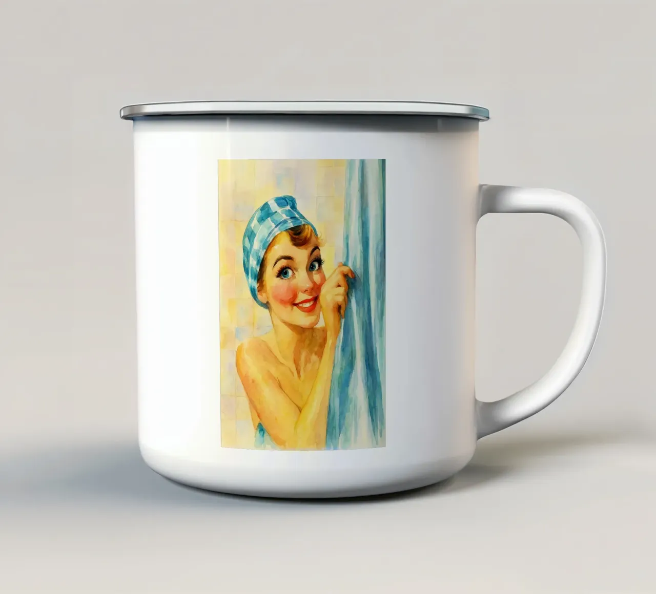 donna faccia buffa in bagno pittura classica retrò tazza in smalto da pakazi
