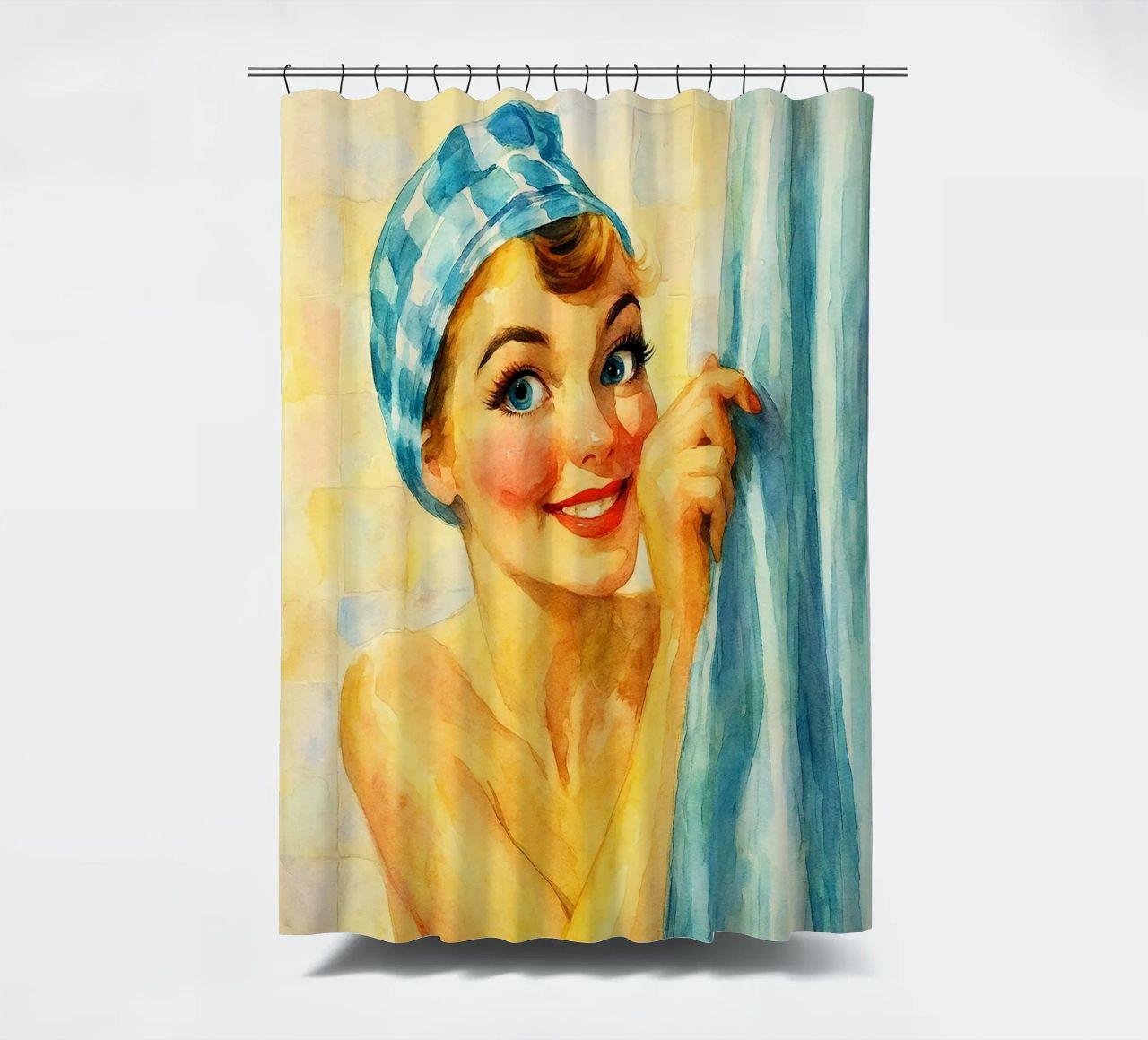 mujer cara divertida en el baño pintura retro clásico cortina de baño de pakazi