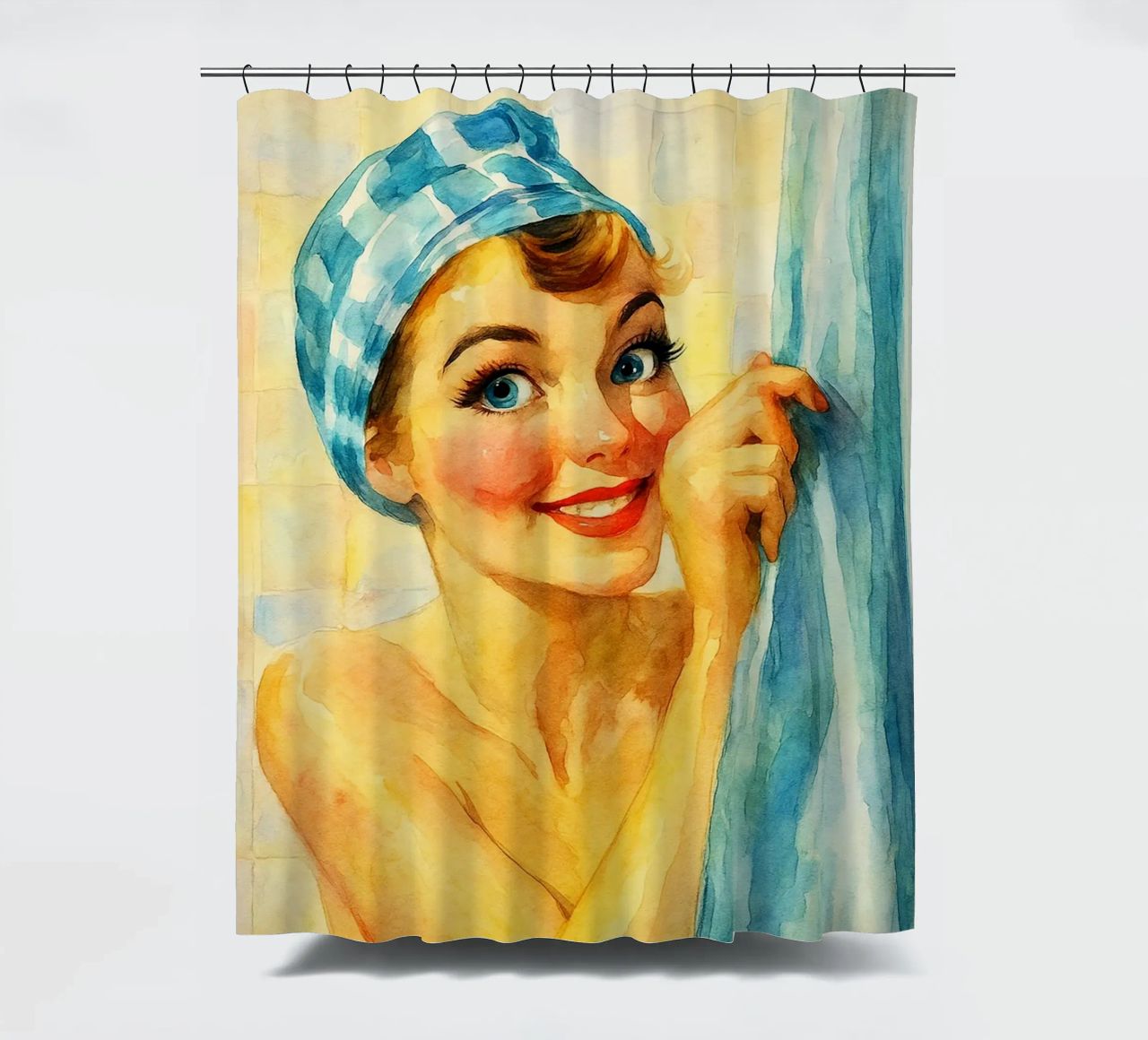 mujer cara divertida en el baño pintura retro clásico cortina de baño de pakazi