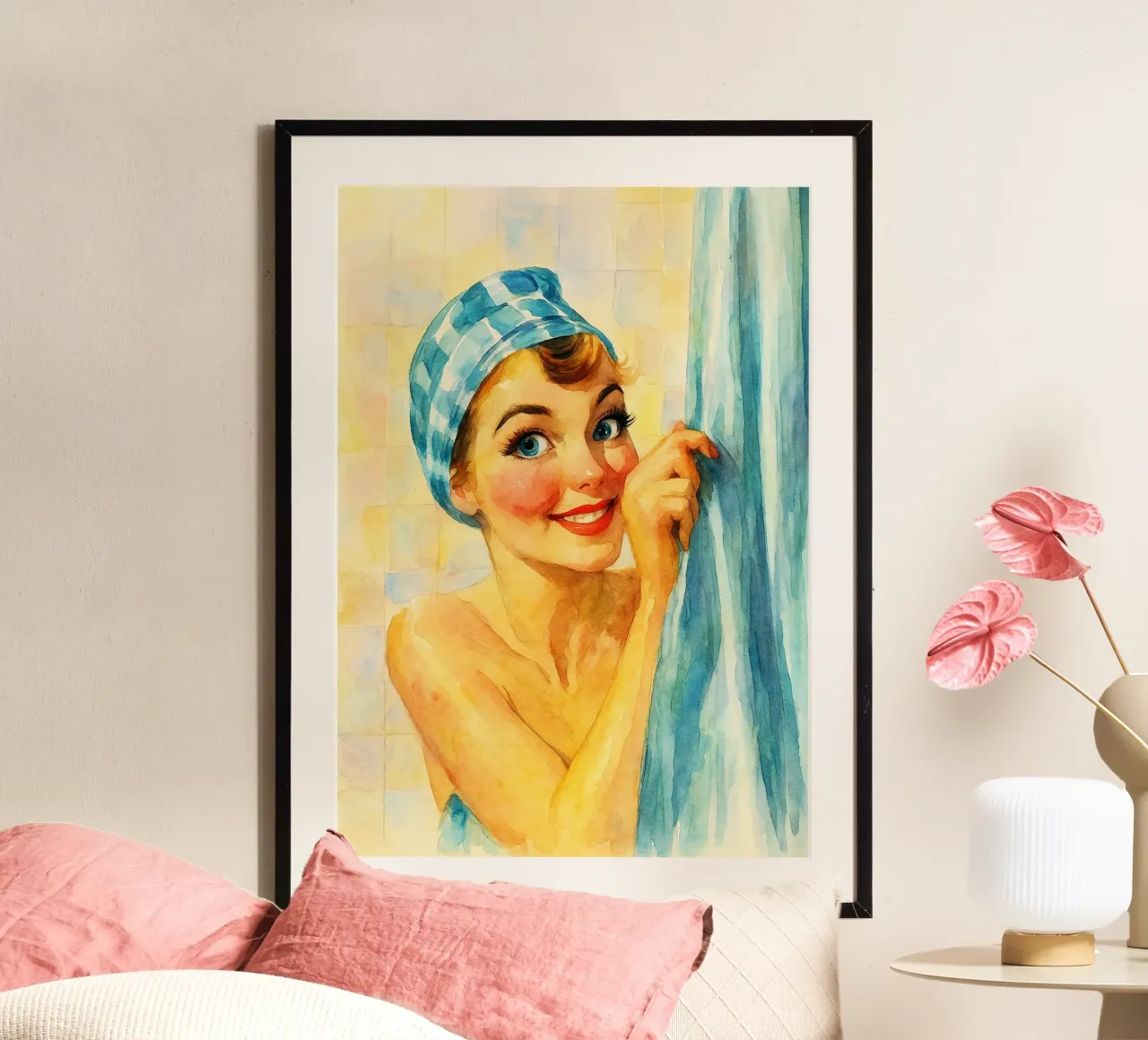 donna faccia buffa in bagno pittura classica retrò poster da pakazi