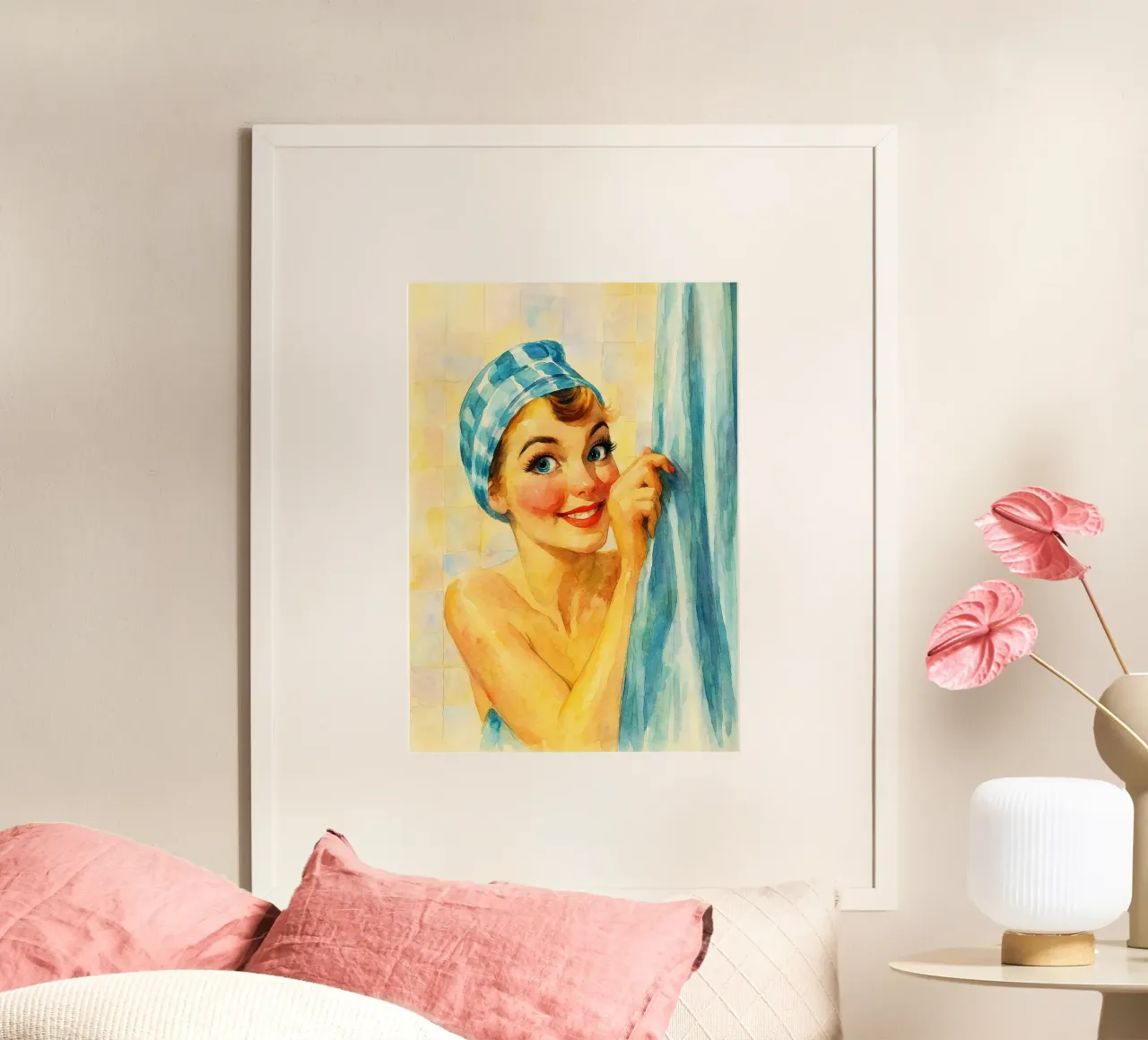 donna faccia buffa in bagno pittura classica retrò poster da pakazi
