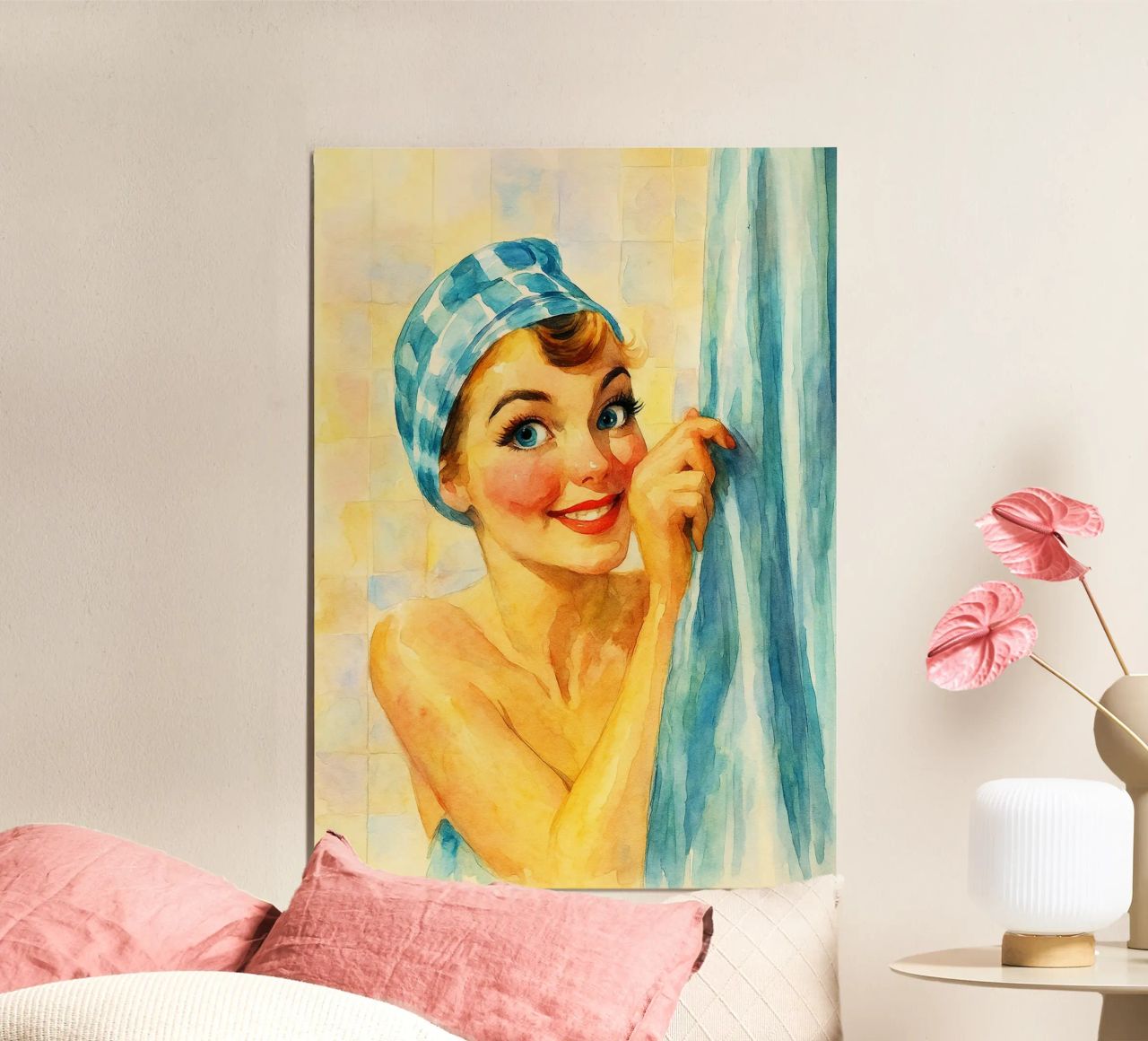 femme avec une drôle de tête dans la salle de bain peinture rétro classique poster de pakazi