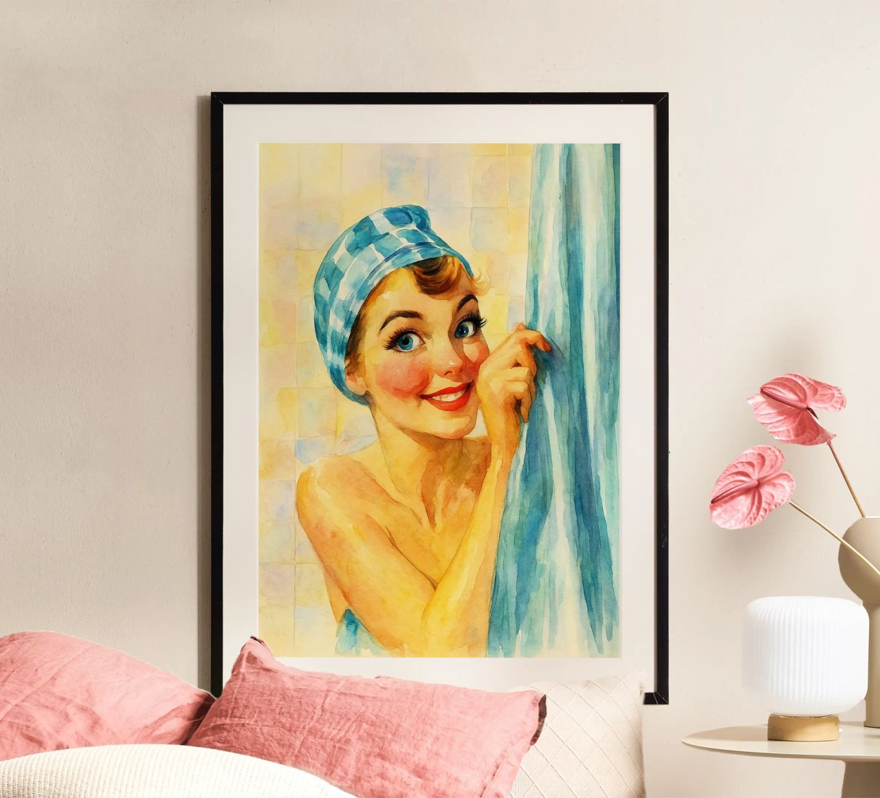 femme avec une drôle de tête dans la salle de bain peinture rétro classique poster de pakazi
