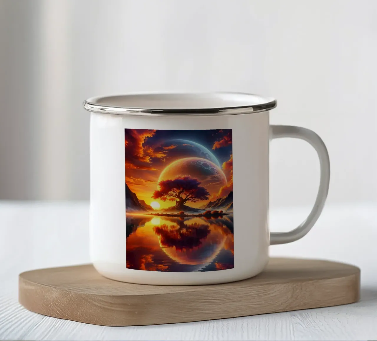 Paesaggio onirico astrale al tramonto tazza in smalto da book