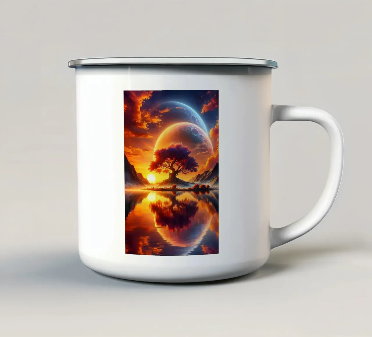 Paesaggio onirico astrale al tramonto tazza in smalto da book