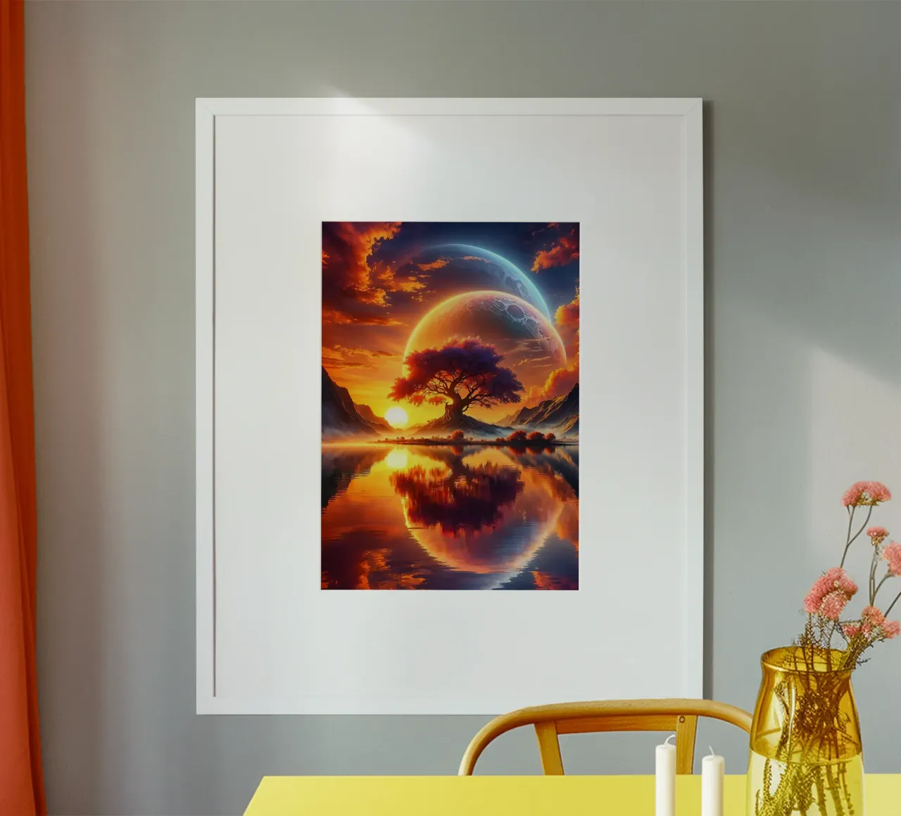 Paesaggio onirico astrale al tramonto poster con telaio in plastica da book