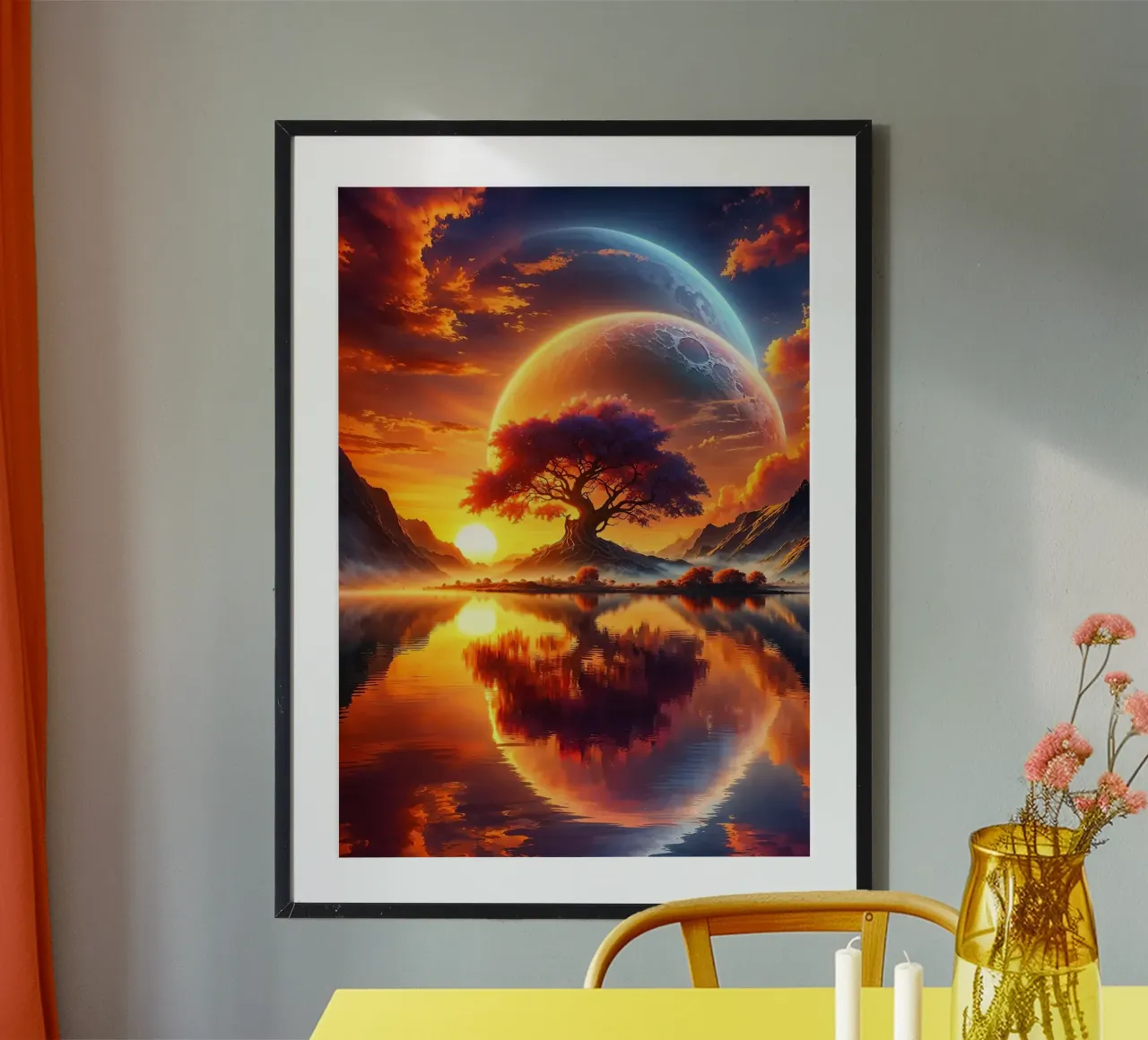 Paesaggio onirico astrale al tramonto poster con telaio in plastica da book