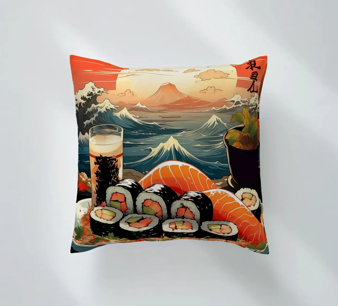 Délice de sushi au coucher du soleil coussin de book