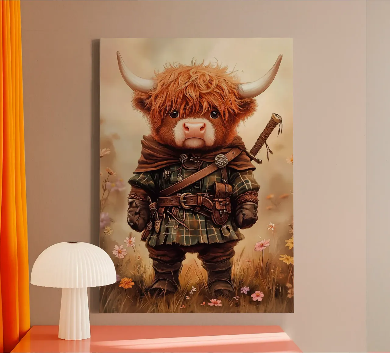 Highland Koe Krijger canvas met Baklijst van book