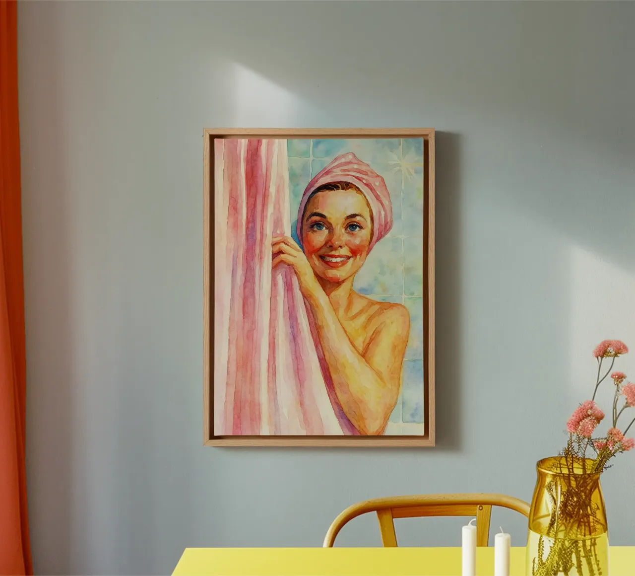 vrouw gluurt in de badkamer retro klassiek schilderij canvas met Baklijst van pakazi