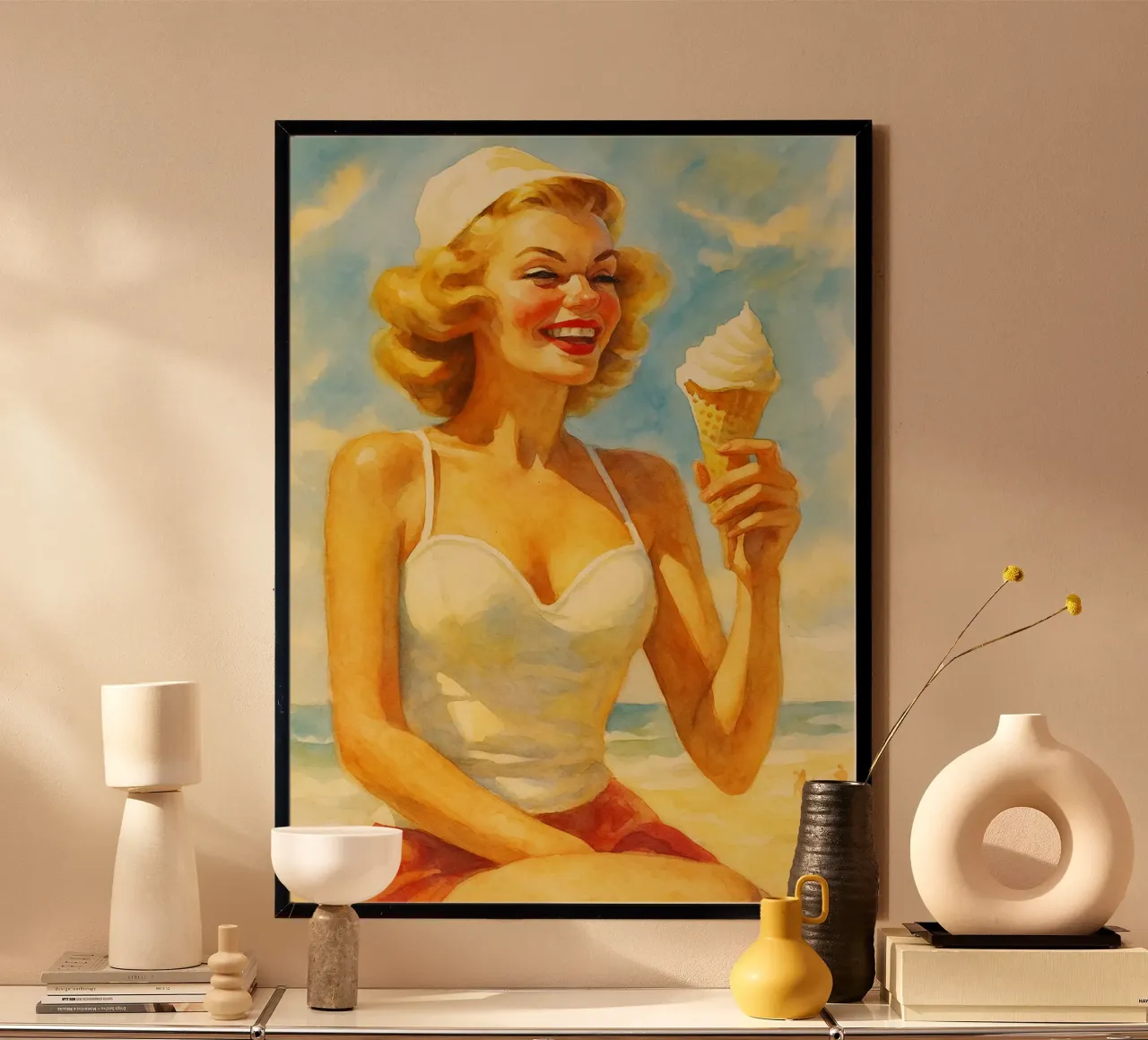 vrouwen en ijs retro klassiek schilderij poster met houten frame van pakazi