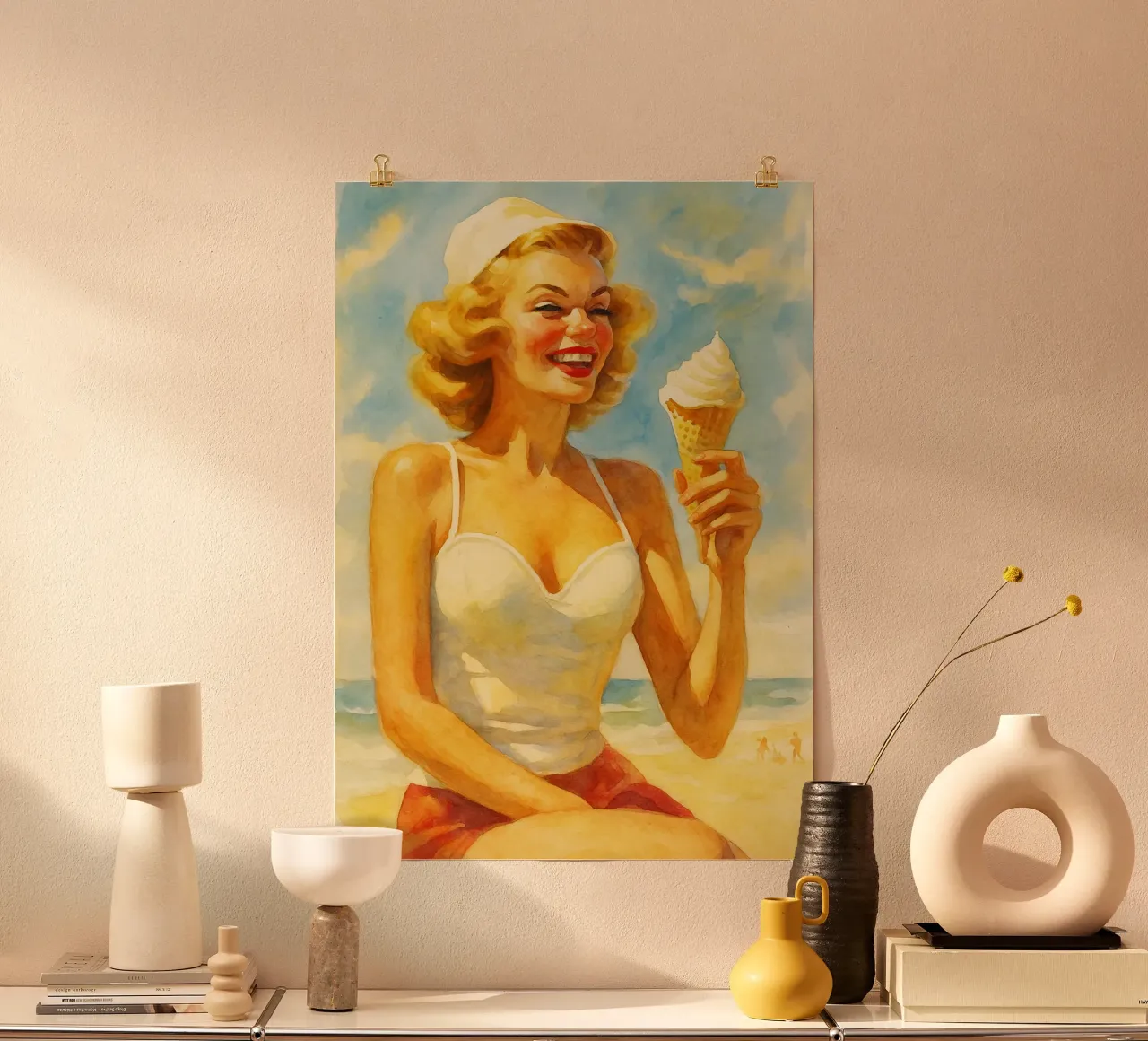 vrouwen en ijs retro klassiek schilderij poster met houten frame van pakazi