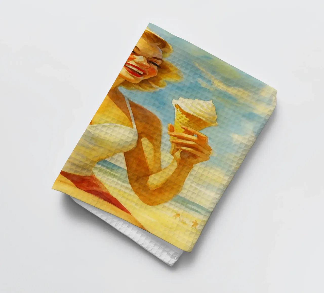 women and ice cream retro classic painting tea towel by pakazi