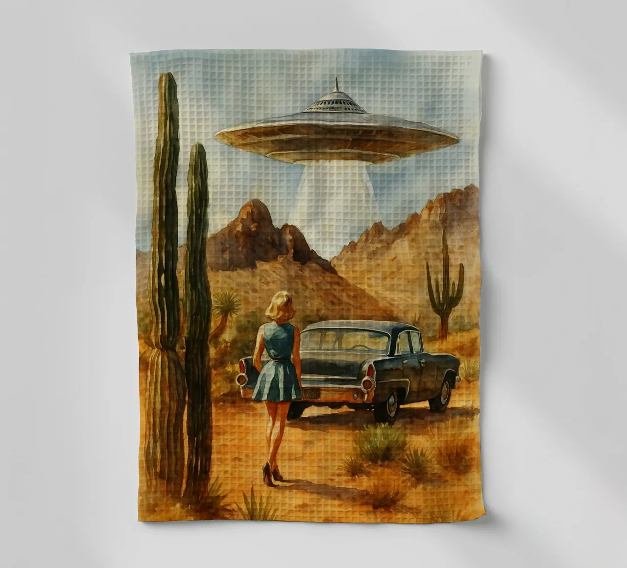 donne e ufo disegno retrò canovaccio da cucina da pakazi
