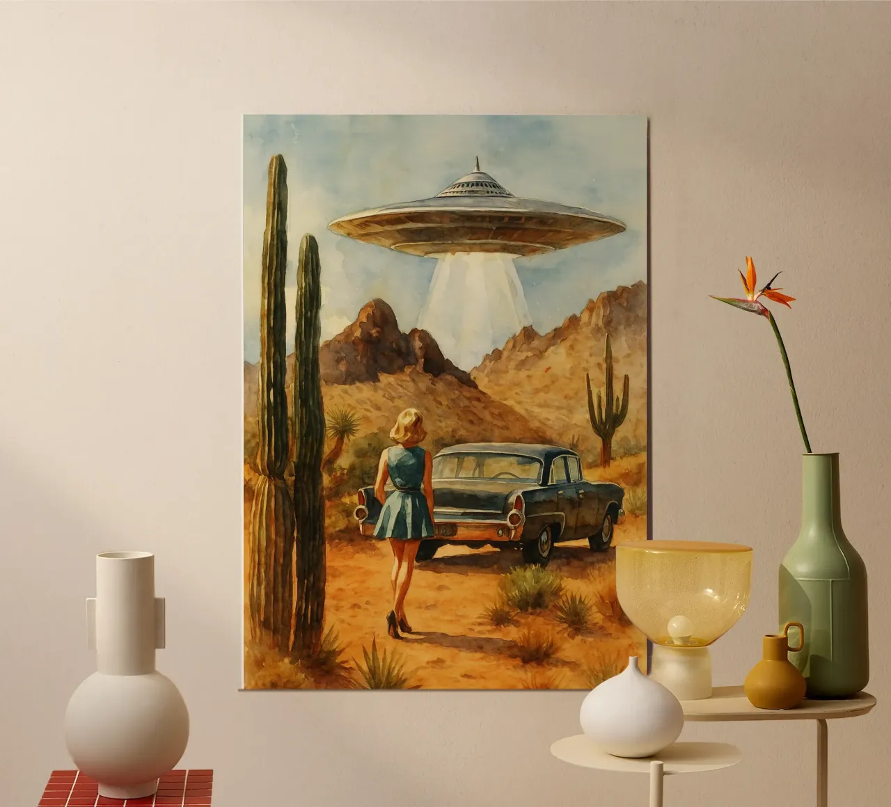 frauen und ufo retro zeichnung Alu-Dibond von pakazi