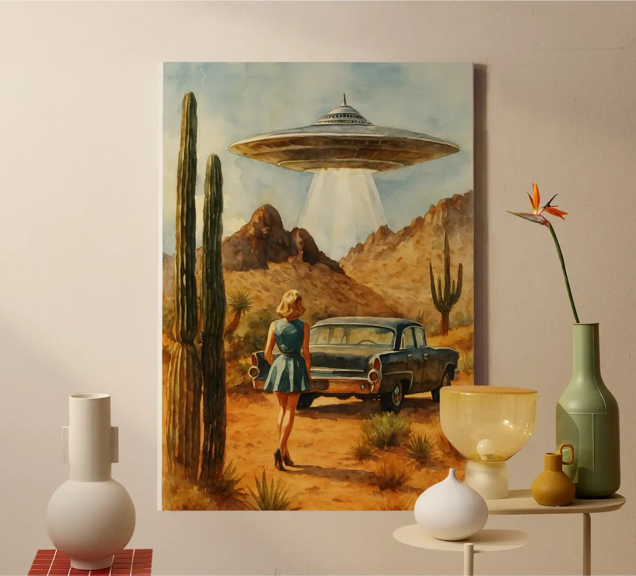 vrouwen en ufo retro tekening canvas met Baklijst van pakazi