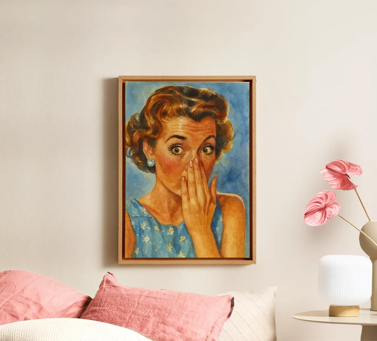 vrouwen gezicht slechte geur in de badkamer retro klassiek schilderij canvas met Baklijst van pakazi
