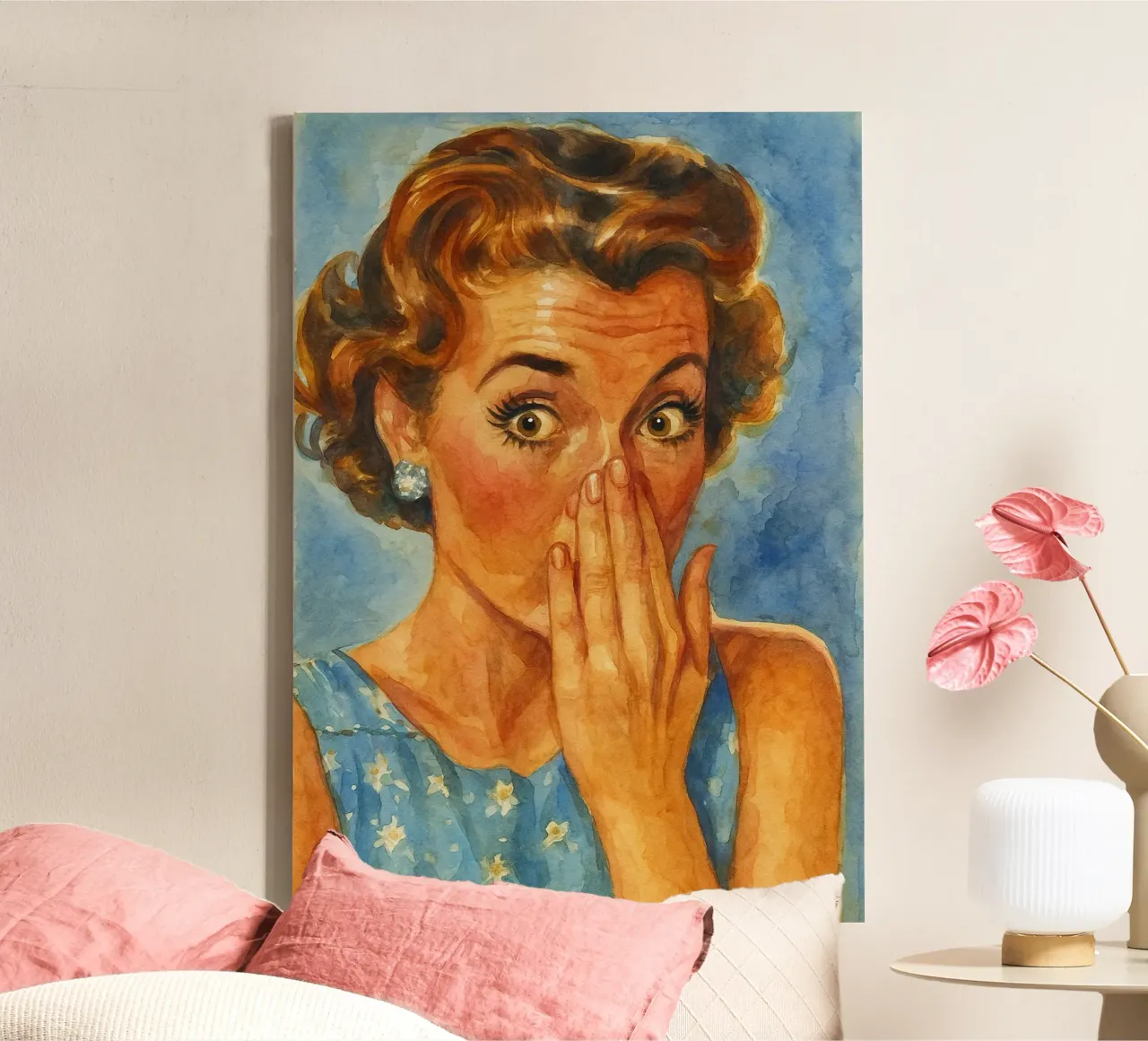 vrouwen gezicht slechte geur in de badkamer retro klassiek schilderij canvas met Baklijst van pakazi