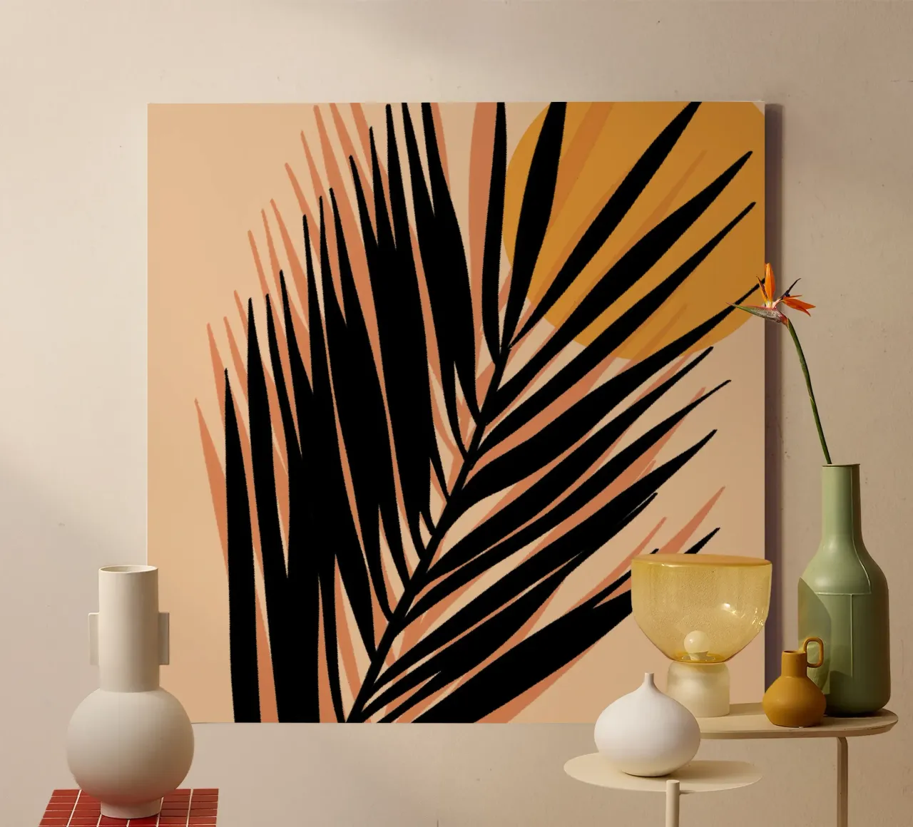 Terracotta Palm - Warme Zonsondergang Plantaardig canvas met Baklijst van EDMPROJECT