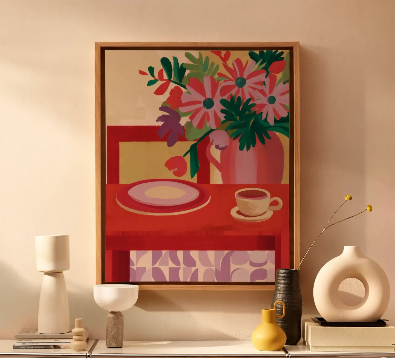 Crimson Morning Stillness canvas with Floater frame by Fable Tempa