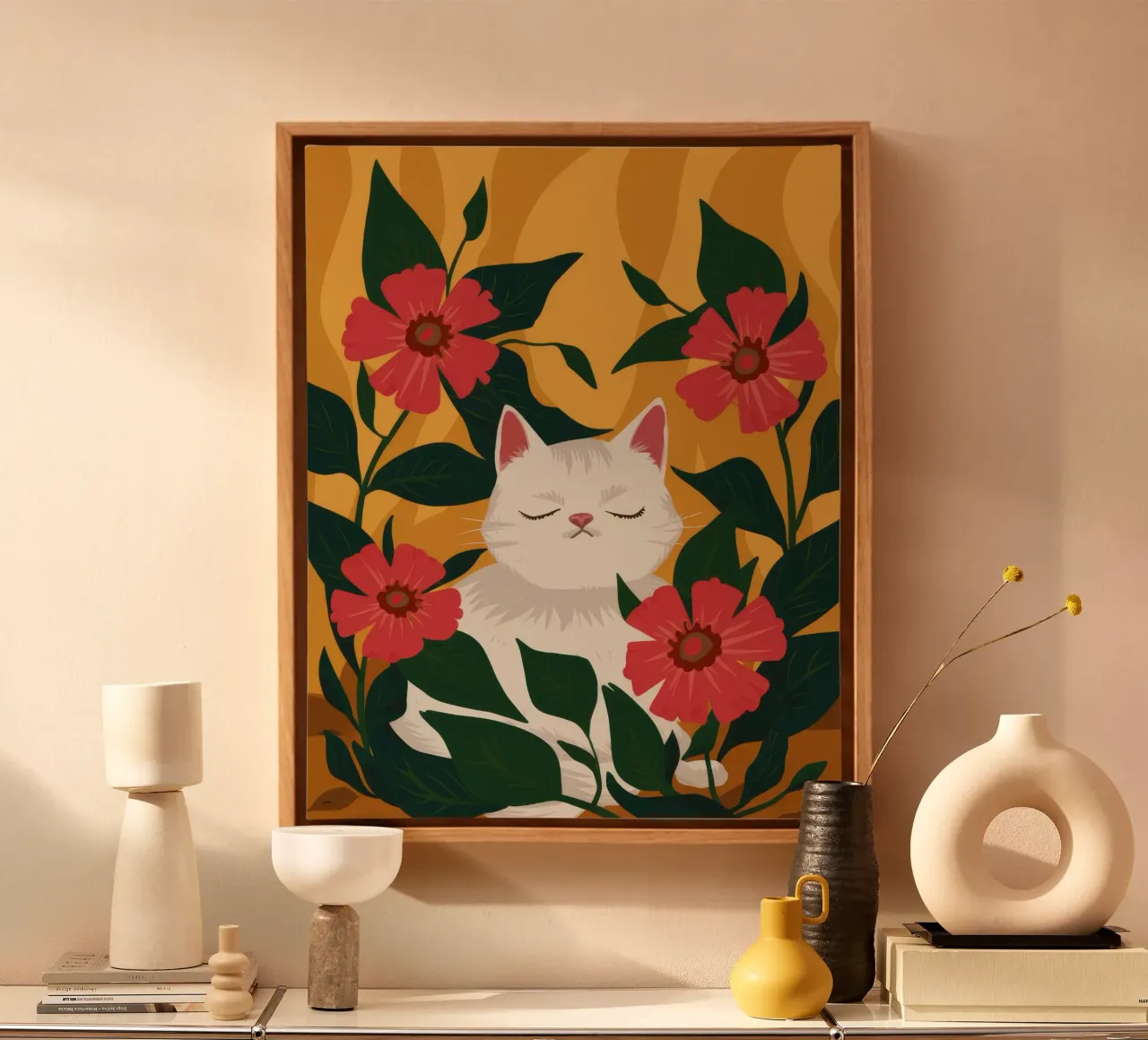 Sueño de jardín felino lienzo con Marco flotante de Fable Tempa