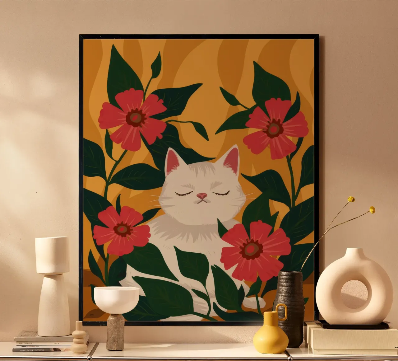 Il sonno felino in giardino poster con telaio in legno da Fable Tempa