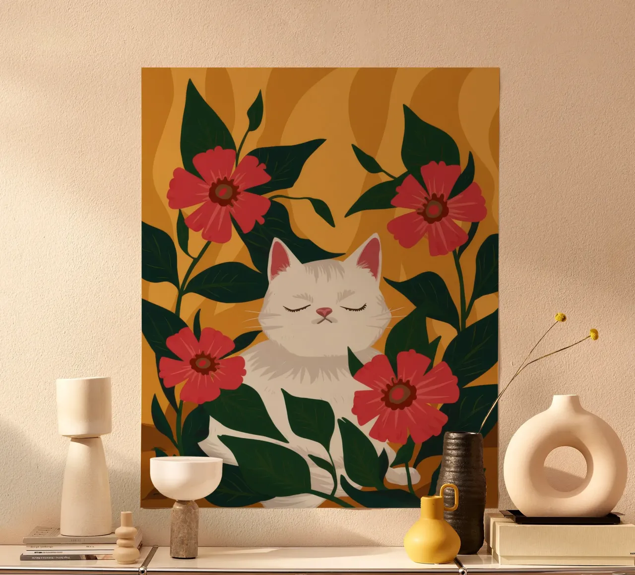 Il sonno felino in giardino poster con telaio in legno da Fable Tempa