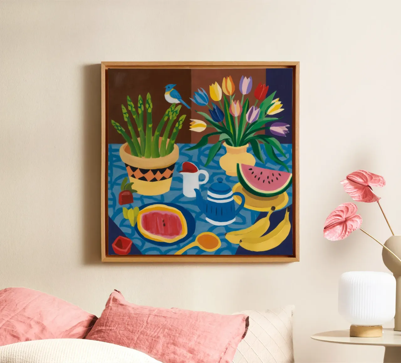 Verdant Tabletop Feast canvas with Floater frame by Fable Tempa