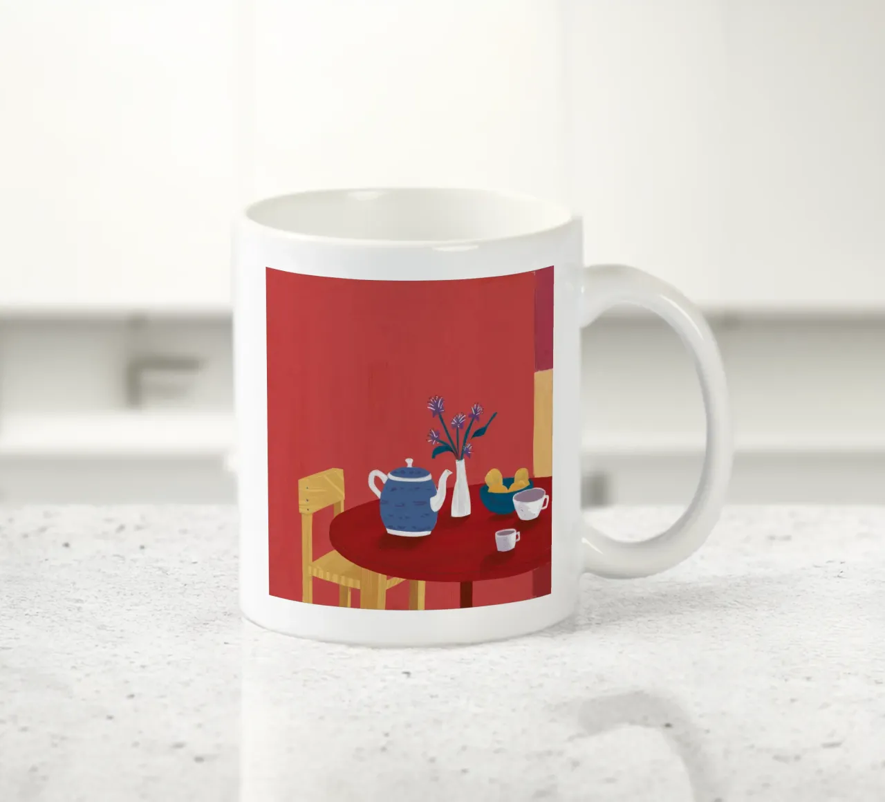 La hora del té en la mesa roja taza de cerámica de Pan Denim