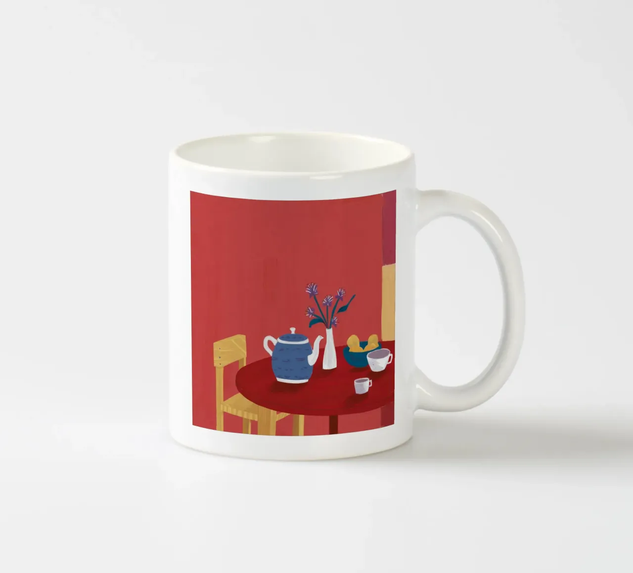 La hora del té en la mesa roja taza de cerámica de Pan Denim