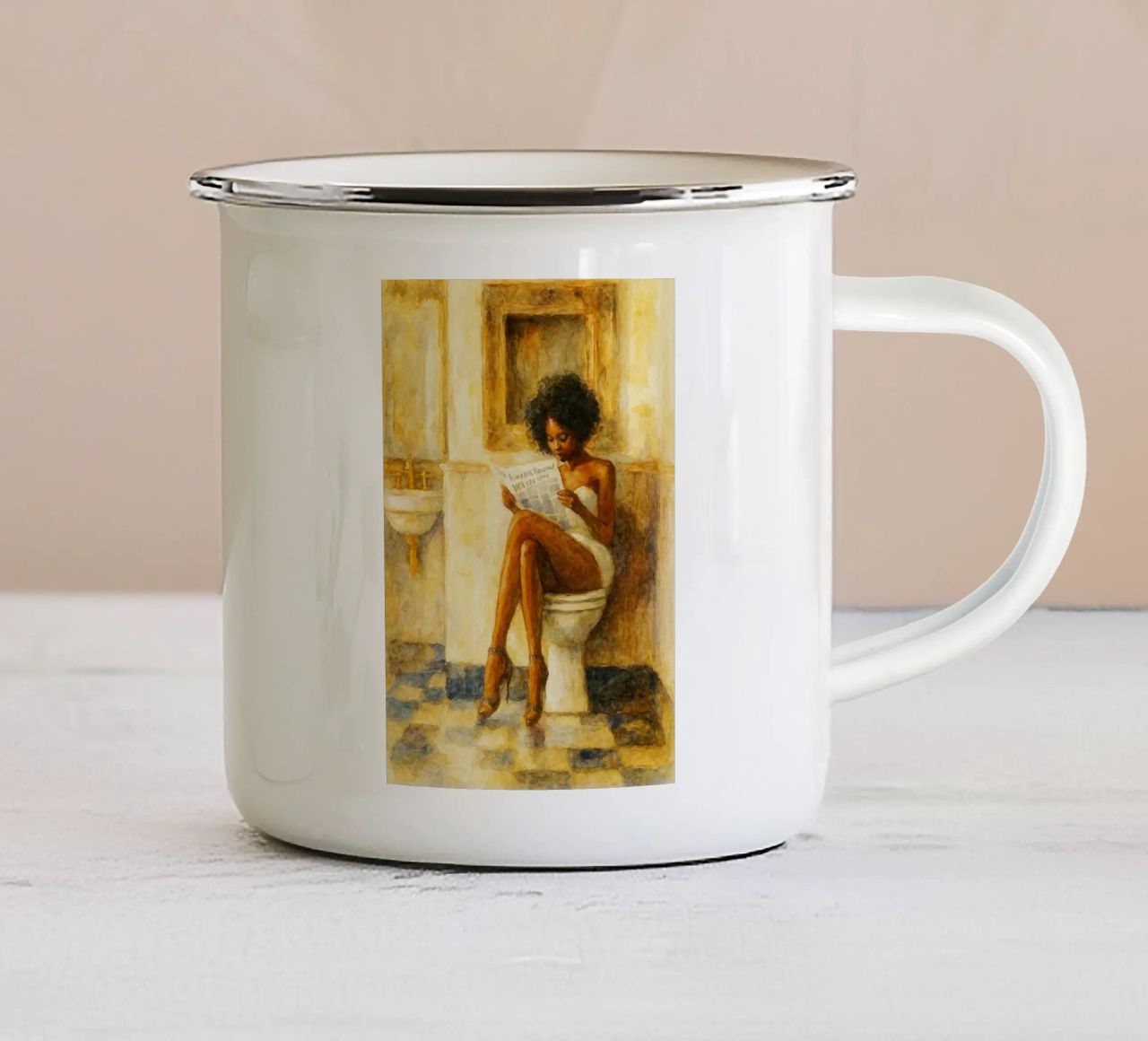 vrouwen in de badkamer grappig emaille mok van pakazi