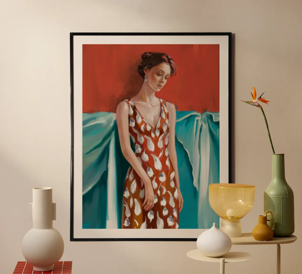 Scarlet Polka Poise poster con telaio in alluminio da Fable Tempa
