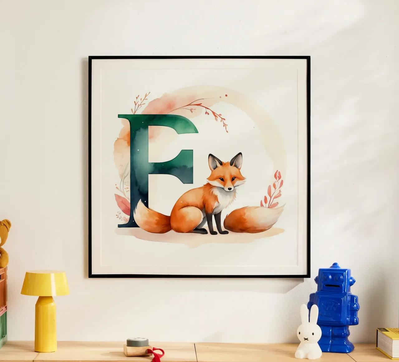 Zorro del bosque sentado junto a una gran letra f estilizada poster con marco de plástico de DesignDoodle