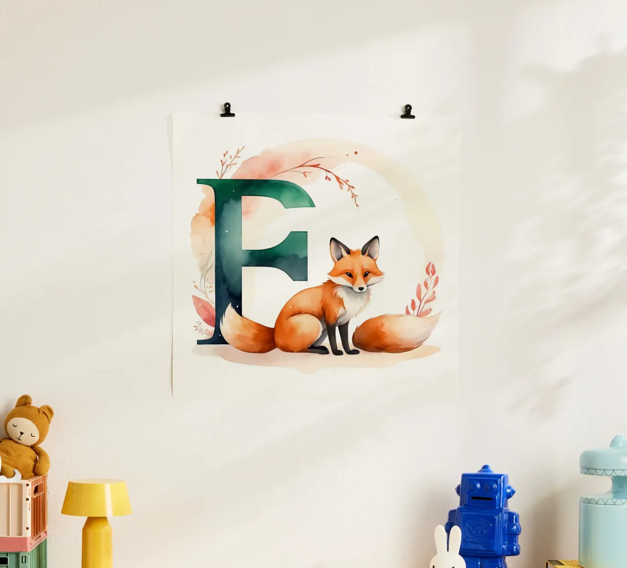 Zorro del bosque sentado junto a una gran letra f estilizada poster con marco de plástico de DesignDoodle