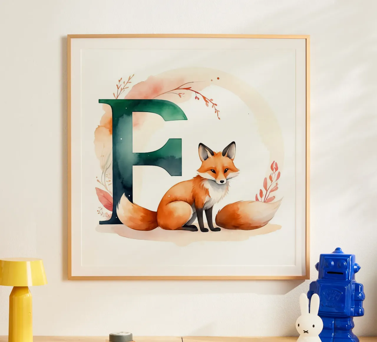 Zorro del bosque sentado junto a una gran letra f estilizada poster con marco de plástico de DesignDoodle