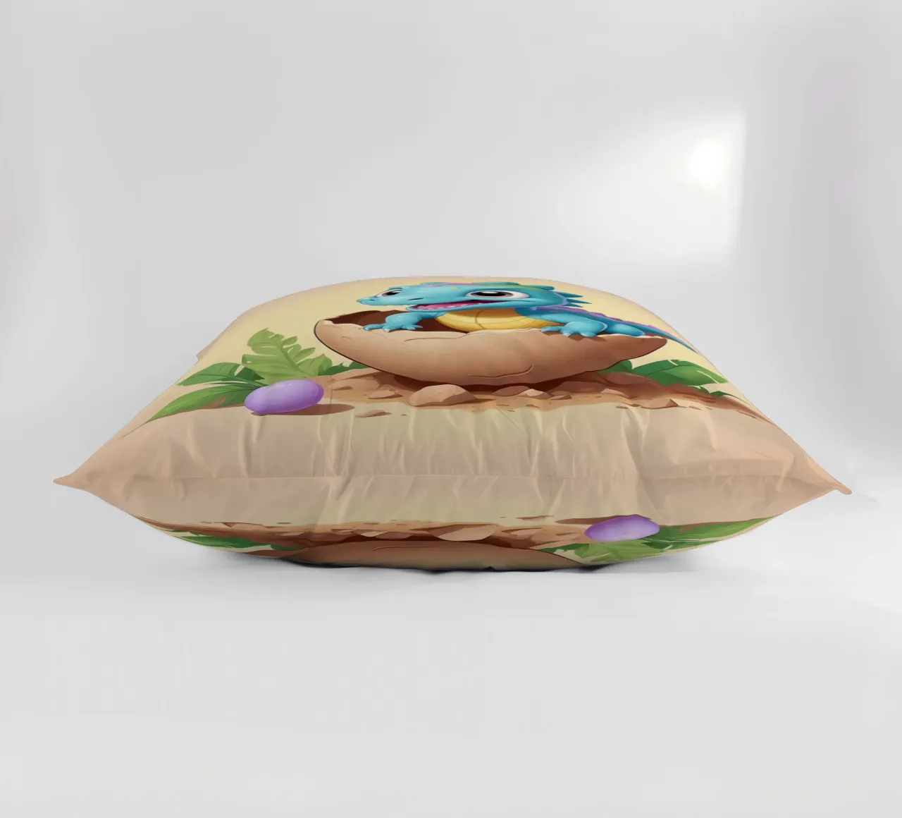 Cute dinosaur hatching from egg with bright smile decorative cushion by DesignDoodle