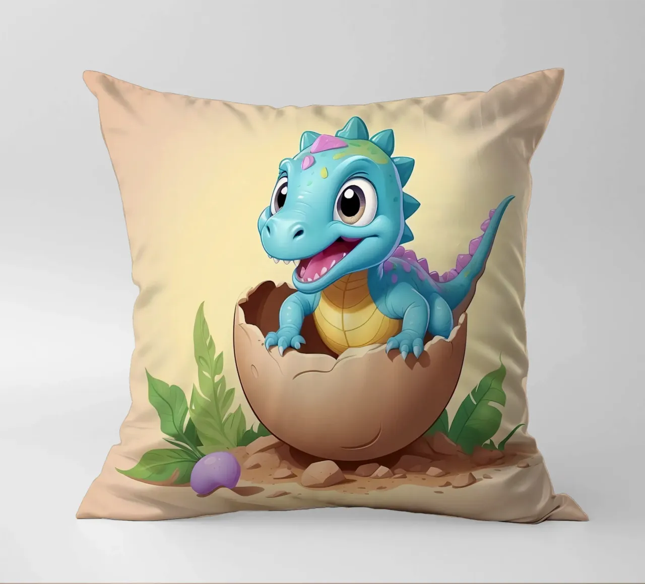 Cute dinosaur hatching from egg with bright smile decorative cushion by DesignDoodle