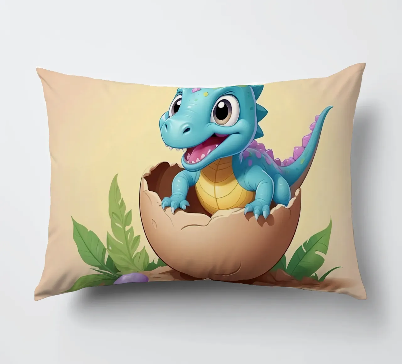 Cute dinosaur hatching from egg with bright smile decorative cushion by DesignDoodle