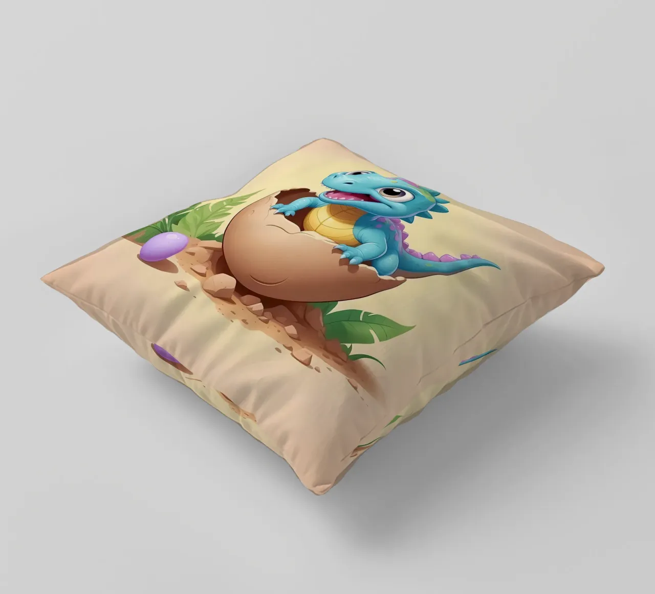 Cute dinosaur hatching from egg with bright smile decorative cushion by DesignDoodle