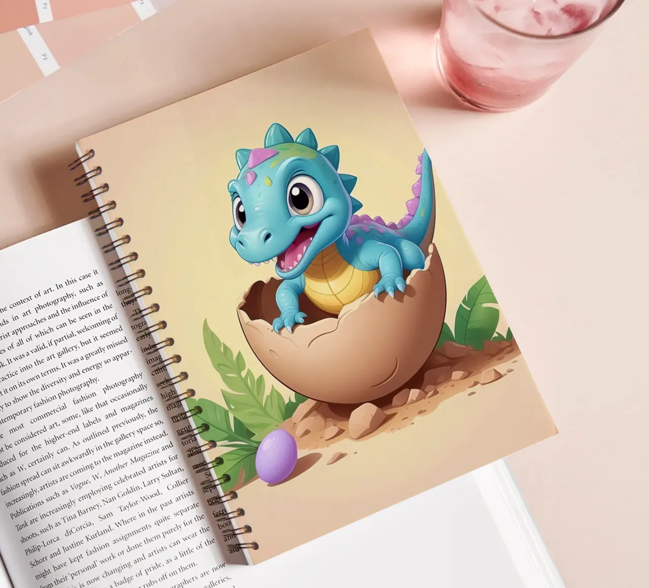 Cute dinosaur hatching from egg with bright smile spiral notebook by DesignDoodle