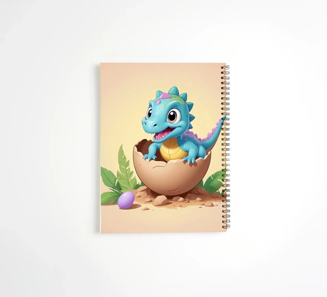 Cute dinosaur hatching from egg with bright smile spiral notebook by DesignDoodle