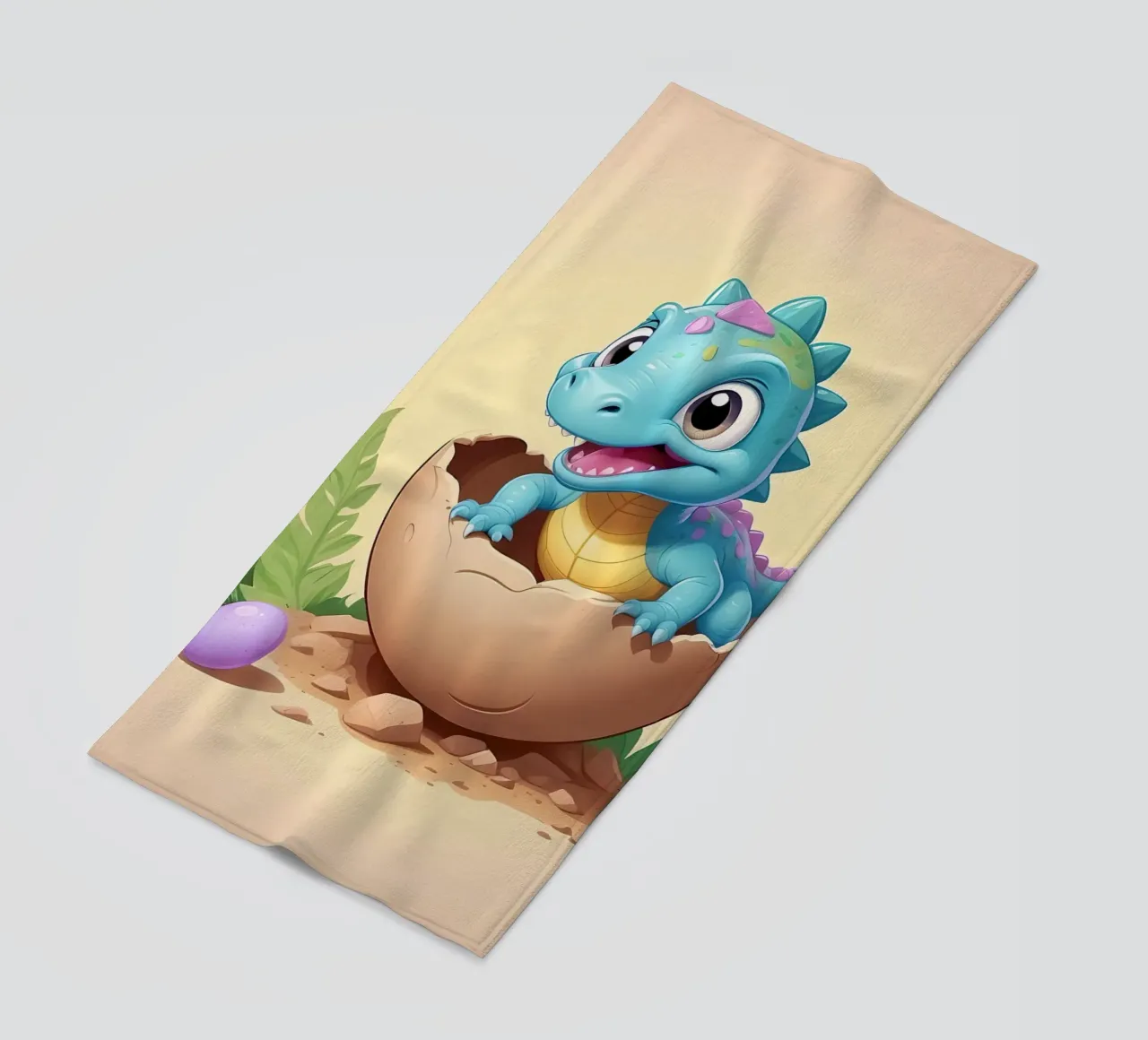 Cute dinosaur hatching from egg with bright smile beach towel by DesignDoodle