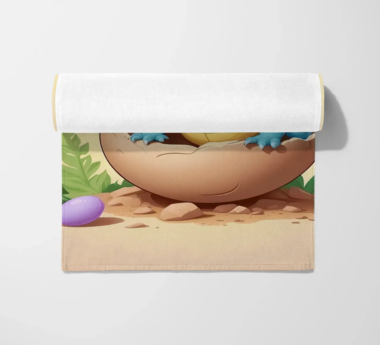 Cute dinosaur hatching from egg with bright smile beach towel by DesignDoodle