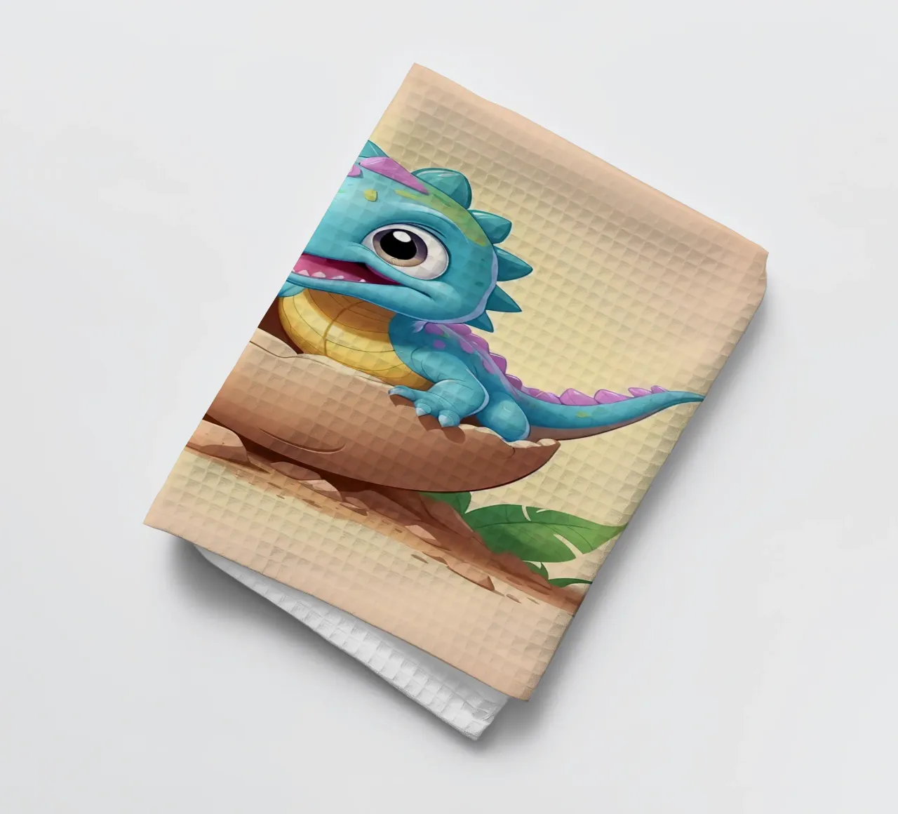 Dinosaure mignon sortant de l'œuf avec un sourire radieux torchon de DesignDoodle