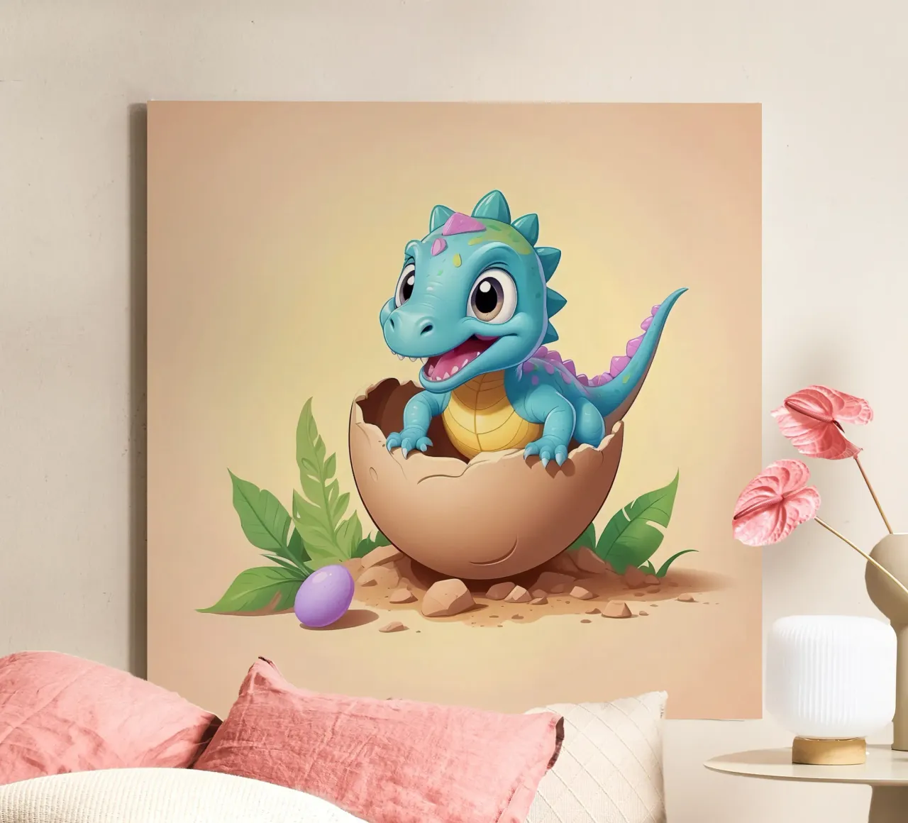 Cute dinosaur hatching from egg with bright smile canvas by DesignDoodle