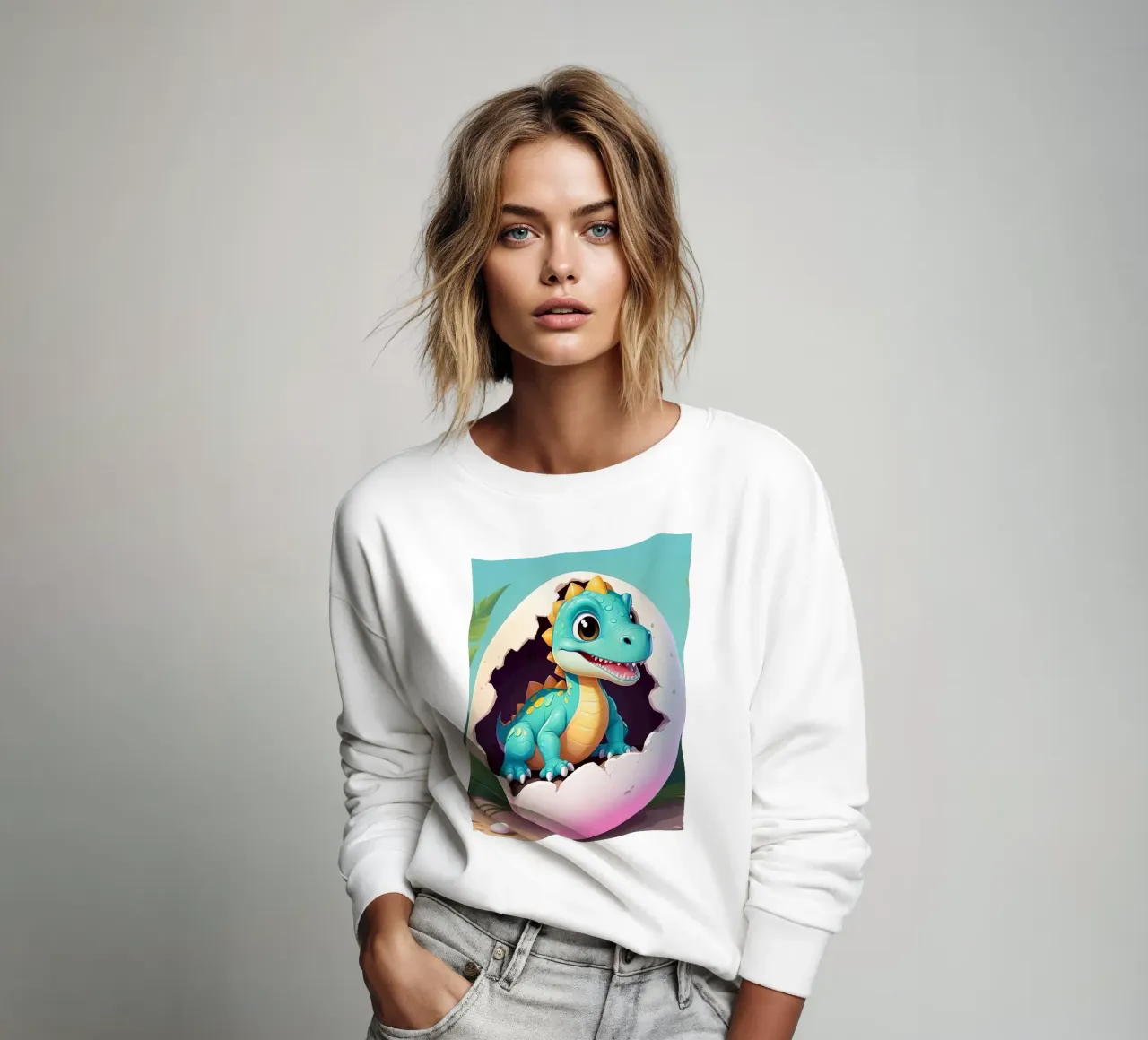 Cute dinosaur hatching from egg with a sunny background sweatshirt by DesignDoodle