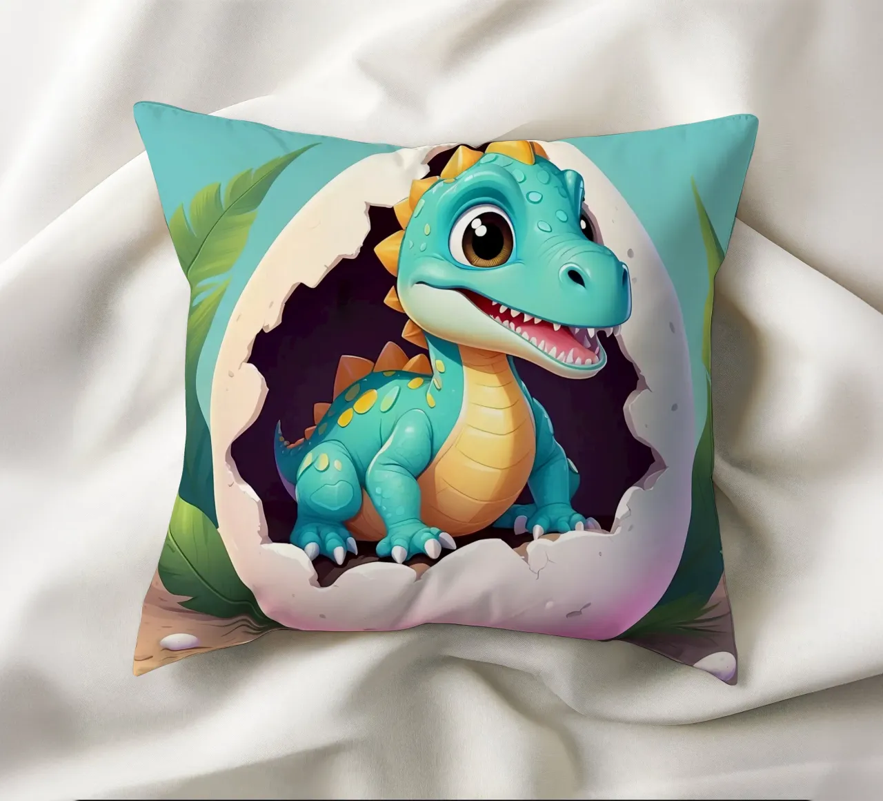 Cute dinosaur hatching from egg with a sunny background decorative cushion by DesignDoodle