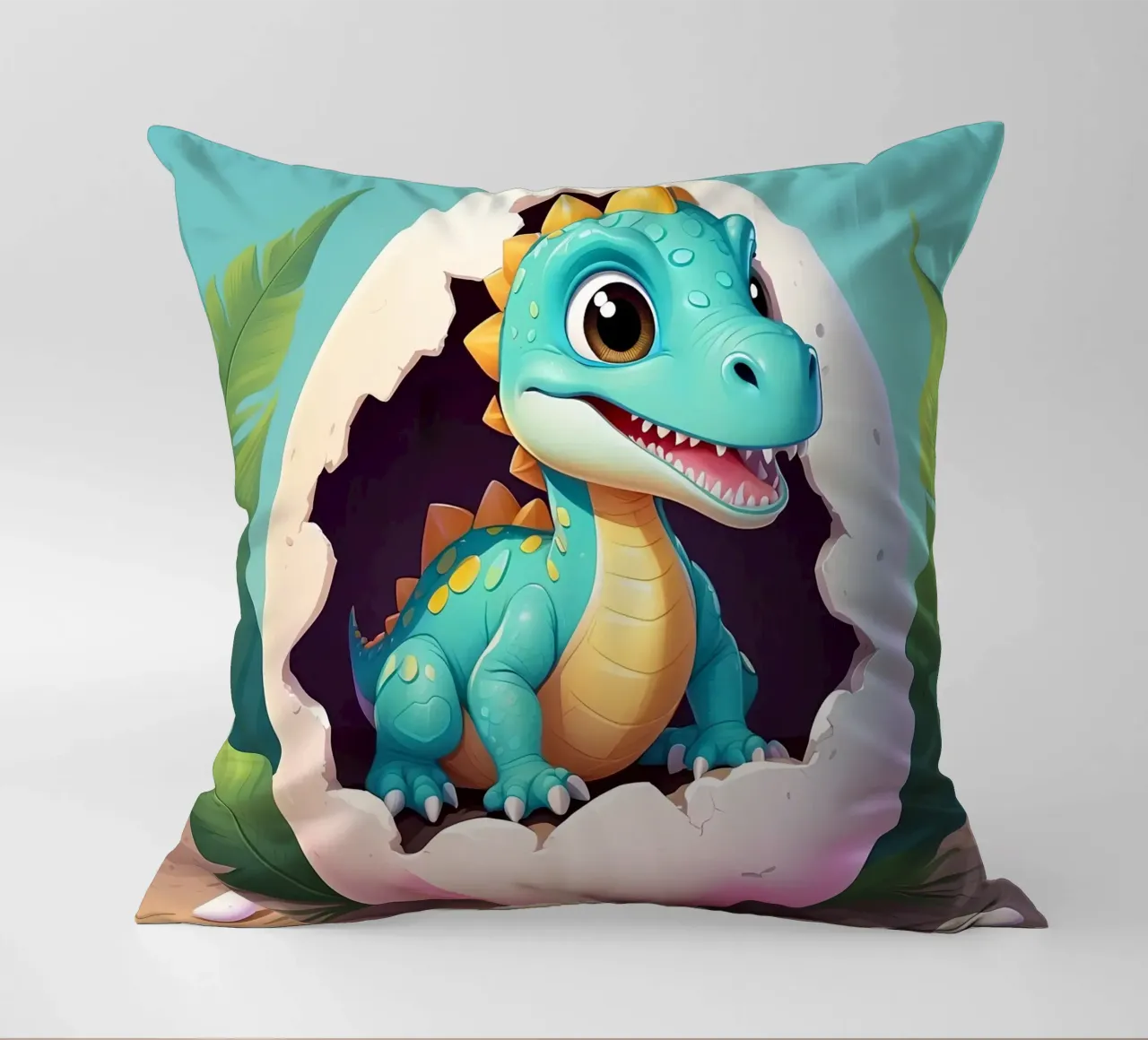 Cute dinosaur hatching from egg with a sunny background decorative cushion by DesignDoodle