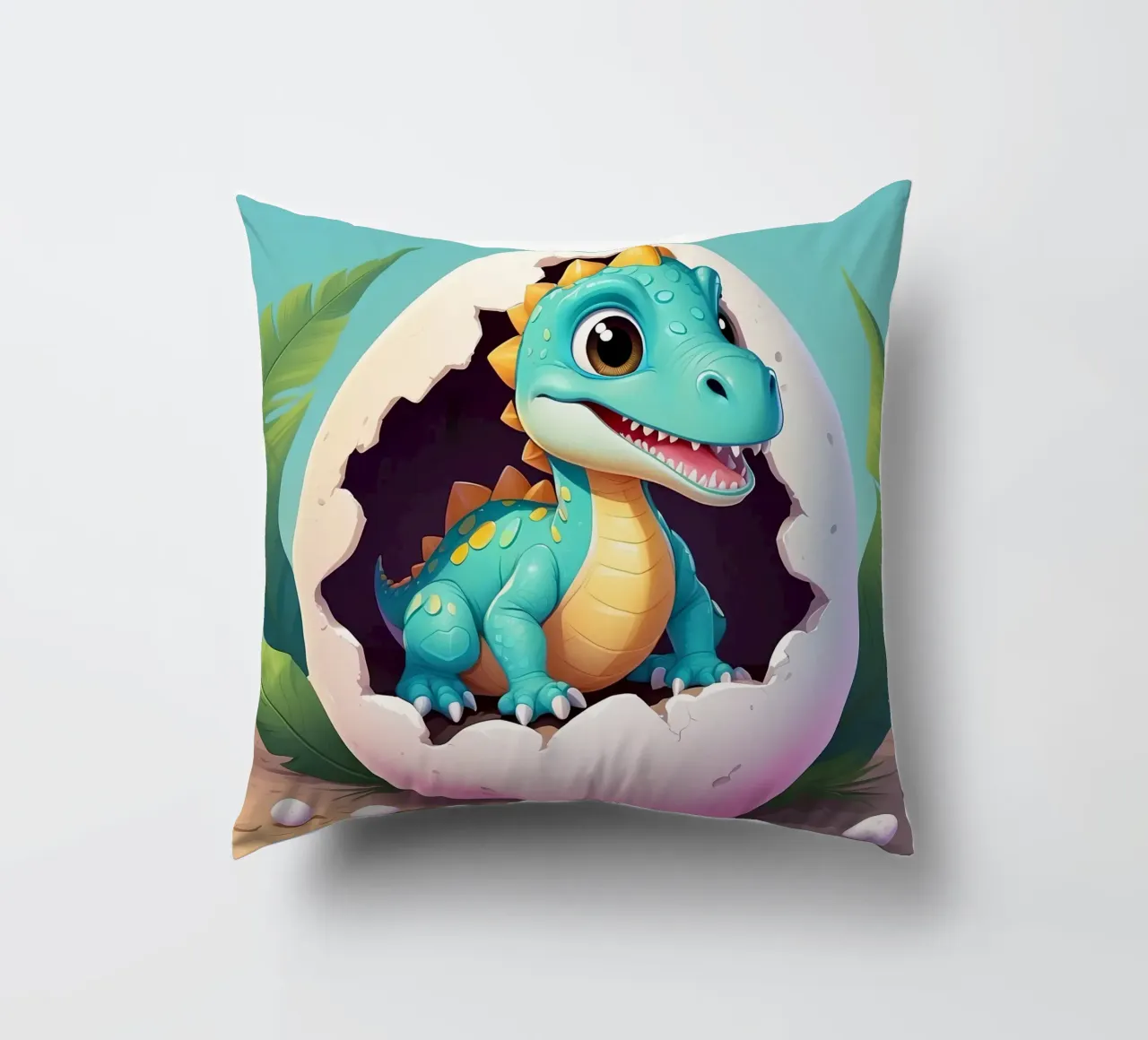 Cute dinosaur hatching from egg with a sunny background decorative cushion by DesignDoodle