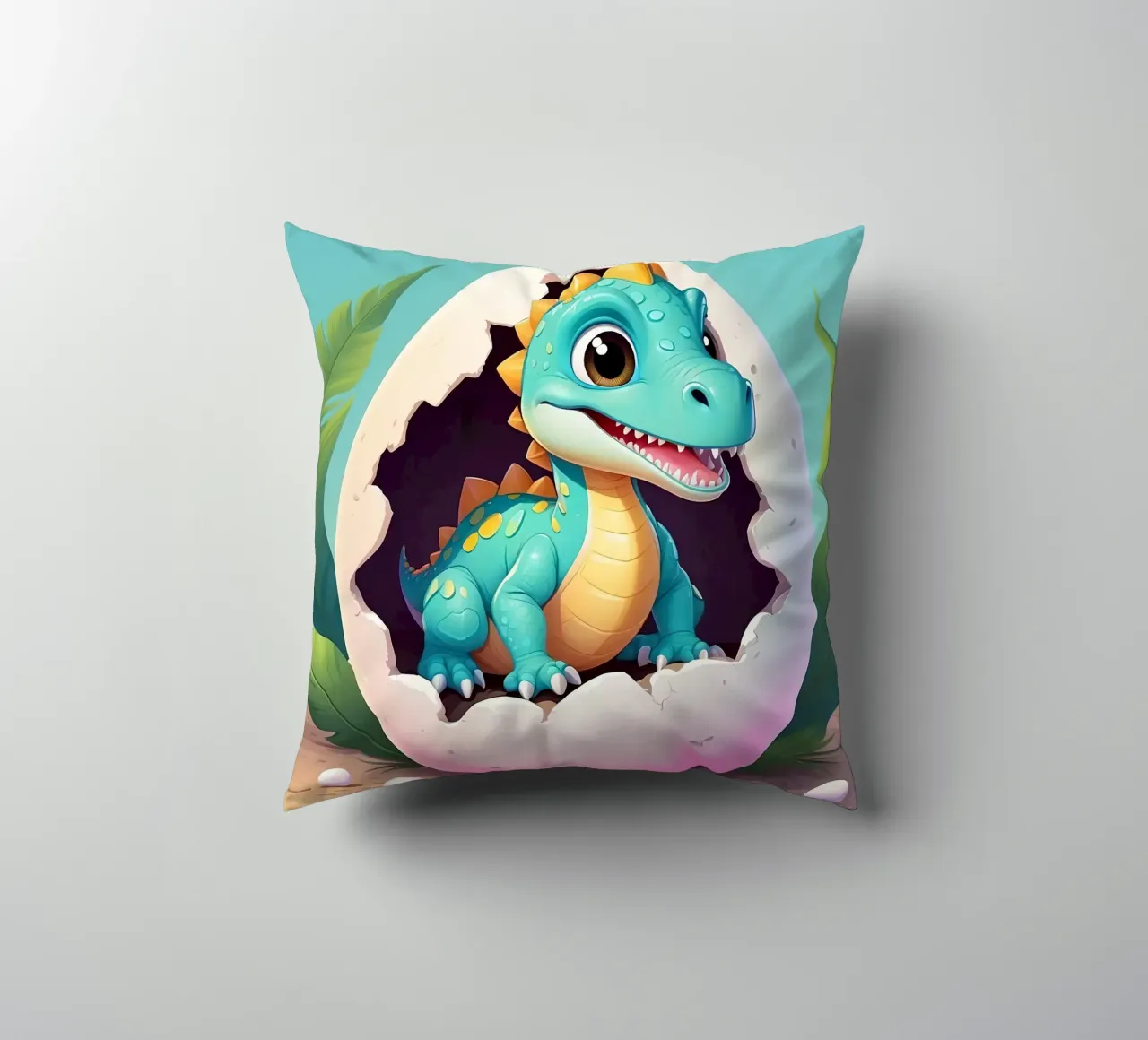 Cute dinosaur hatching from egg with a sunny background decorative cushion by DesignDoodle